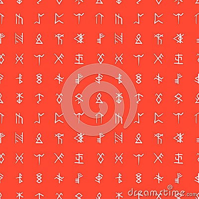 Hand drawn red seamless pattern with runes and runic alphabet Vector Illustration